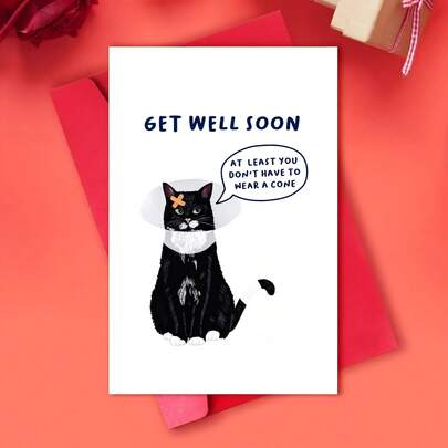 Novelty Cat Get Well Card, "At Least You Don't Have To Wear A Cone" Humorous Greeting Card