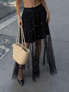 女士春夏时尚优雅休闲都市摩登高腰串珠星形图案黑色薄纱双层透视中长裙；高腰精致串珠星形图案双层薄纱垂褶蓬蓬裙；办公中长裙；夏季休闲中长裙 - 黑色 - 查看 3