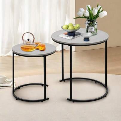 Alivio Set Of 2 Round Coffee Table, Modern Nesting Tables With Wooden Top, Metal Frame Side Table For Bedroom, Living Room, Balcony, Office (Pack Of 2, Grey)