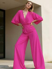Palazzo De Pierna Ancha Manga Bombacha Jumper De Moda Casual Para Dama - Fucsia - Ver 5
