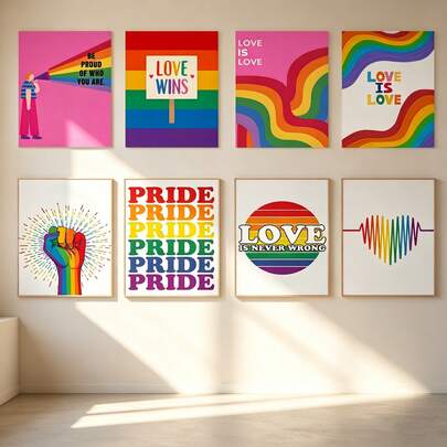 1/8pcs Rainbow Pride Theme Mural Canvas Art Wall Room Poster, Framed+Frameless Room Decoration Supplies Lgbtq+Love Is Love Canvas Painting, Frameless Modern Aesthetic Home Bedroom Living Room Decoration, Pride Month Decoration Gifts, Home Wall Decoration, Bathroom Decoration, Kitchen Decoration, Living Room Decoration, Bedroom Decoration, Office Decoration, University Dormitory Decoration
