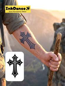 1 Kit "Gothic Cross" New Technology Tattoo Sticker, Temporary Tattoo, Semi-Permanent, Fake Tattoo, Waterproof & Long-Lasting, Realistic Design, The Monarch's Roar, Plant-Based Formula, InkDance Ink Dance, Gift Festival Body Art D306,Halloween Costume - Black - View 2