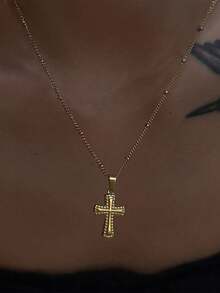 1pc Stainless Steel Waterproof Non-Fading Vintage Floral Cross Pendant Necklace, Suitable For Women's Daily Wear - Gold Cross Necklace - View 4