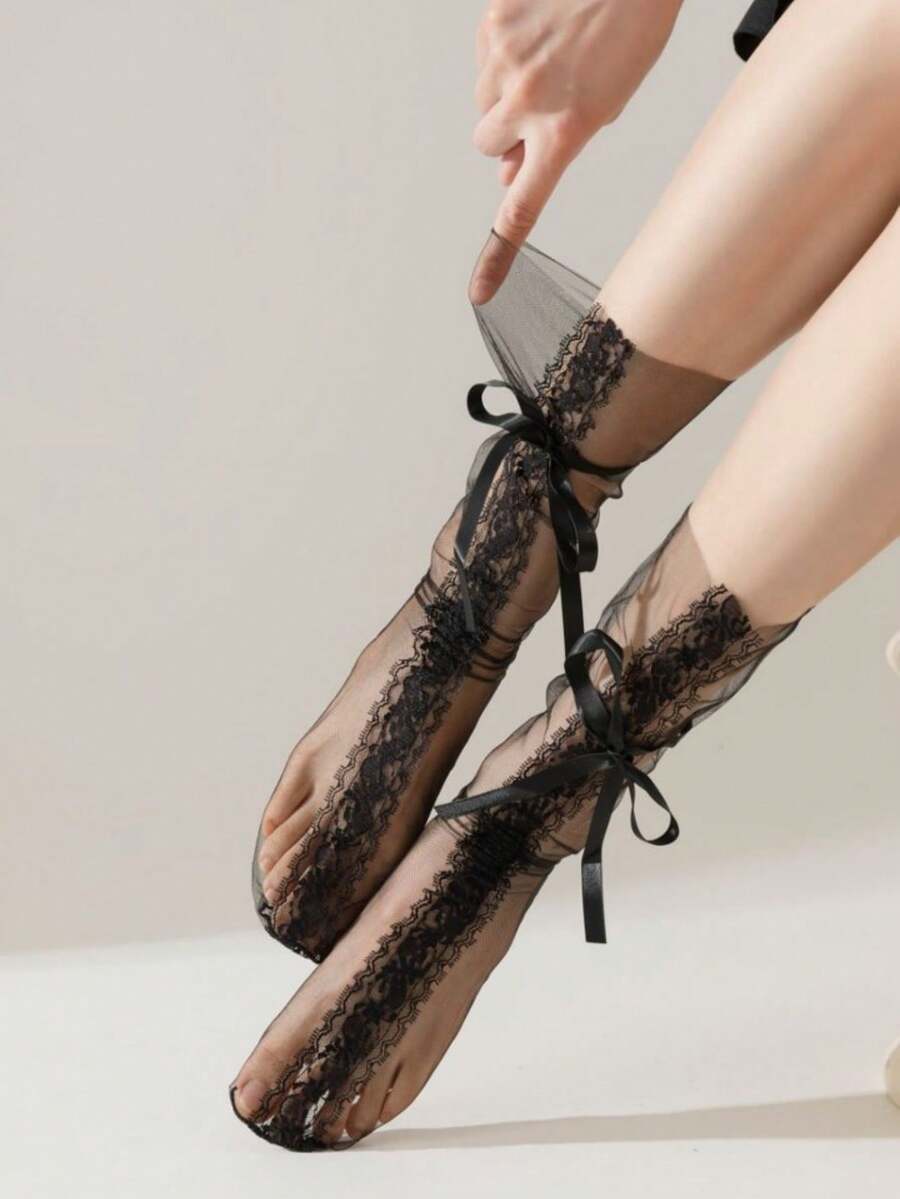 1双白色/黑色薄款玻璃丝网袜，带蕾丝蝴蝶结，适合春夏穿着 - 彩色 - 查看 1