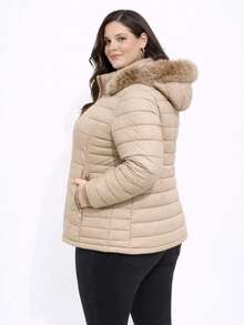 Women's Plus Size Puffer Jacket With Removable Hood, Super Warm, Runs Large B1 - Beis - View 2