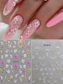 Bộ 2 miếng/1 miếng dán móng tay họa tiết hoa 5D nổi kiểu Pháp - Họa tiết trái tim và cánh hoa vàng 5D với điểm nhấn vàng - Miếng dán móng tay tự dính, thích hợp cho việc tự làm móng, sử dụng tại salon và nhà. - Nhiều màu - Xem 3
