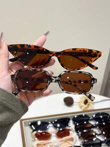 12pcs Women Plastic Multicolor Rectangular Oval Full Frame Narrow Frame Tinted Lens Boho Catwalk Modern Simple Style Shades Basics Fashion Glasses Combination For Street Snap Musical Festival Vacation Outfits - 12pcs Black Rice Leopard Print Tea - View 2