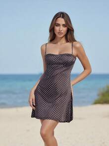 Women's Dots Print Mini Dress Sleeveless Spaghetti Strap A-Line Dress Sheer Athletic Material Summer Casual Dress (Minimal Chest Support, Decorative Only) - Brown - View 7