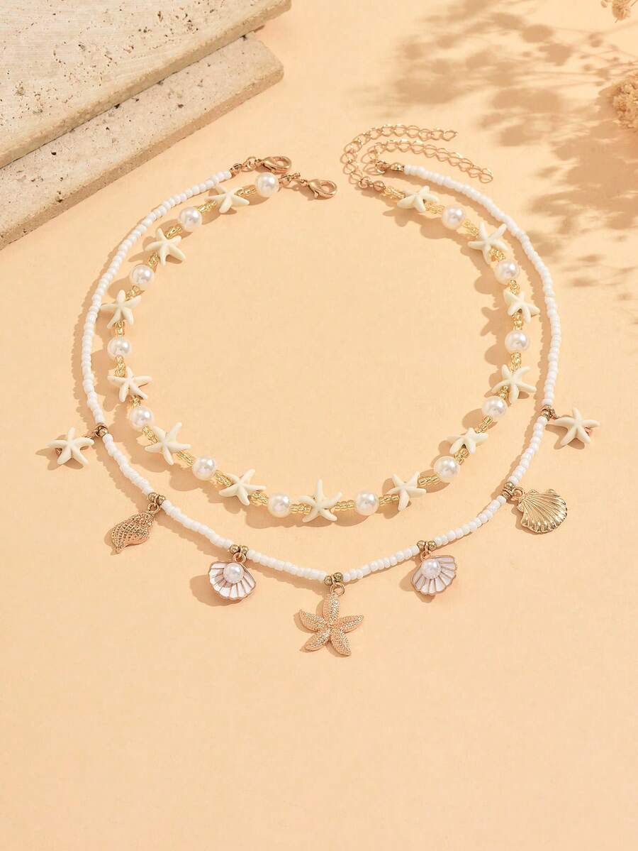 2pcs Summer Sweet Ocean Style Starfish & Shell Beaded Alloy Ocean Creature Pendant Necklace Set, Suitable For Beach, Vacation, Party Wear, Versatile Necklace For Girls - Multicolor - View 1
