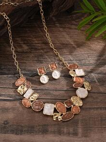 3pcs/Set Women's Fashion Bohemian Style Minimalist Khaki Geometric Necklace, Earrings And Bracelet Set, Suitable For Daily Wear, Party, Gala, Vacation, Music Festival, Beach, Mother's Day, Birthday And Other Occasions - Geometry - View 10