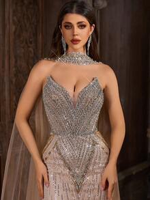 Luxury Champagne Gold Sequin Mermaid Evening Dress With Long Sheer Shawl, Shiny V-Neck Formal Maxi Gown With Back Tie Design Party Wedding - Apricot - View 6
