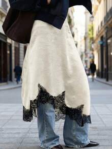 女士春夏优雅缎面撞色蕾丝边不对称半身裙，光泽亮丽，简约时尚，适合休闲和约会穿着。 - 杏色 - 查看 3