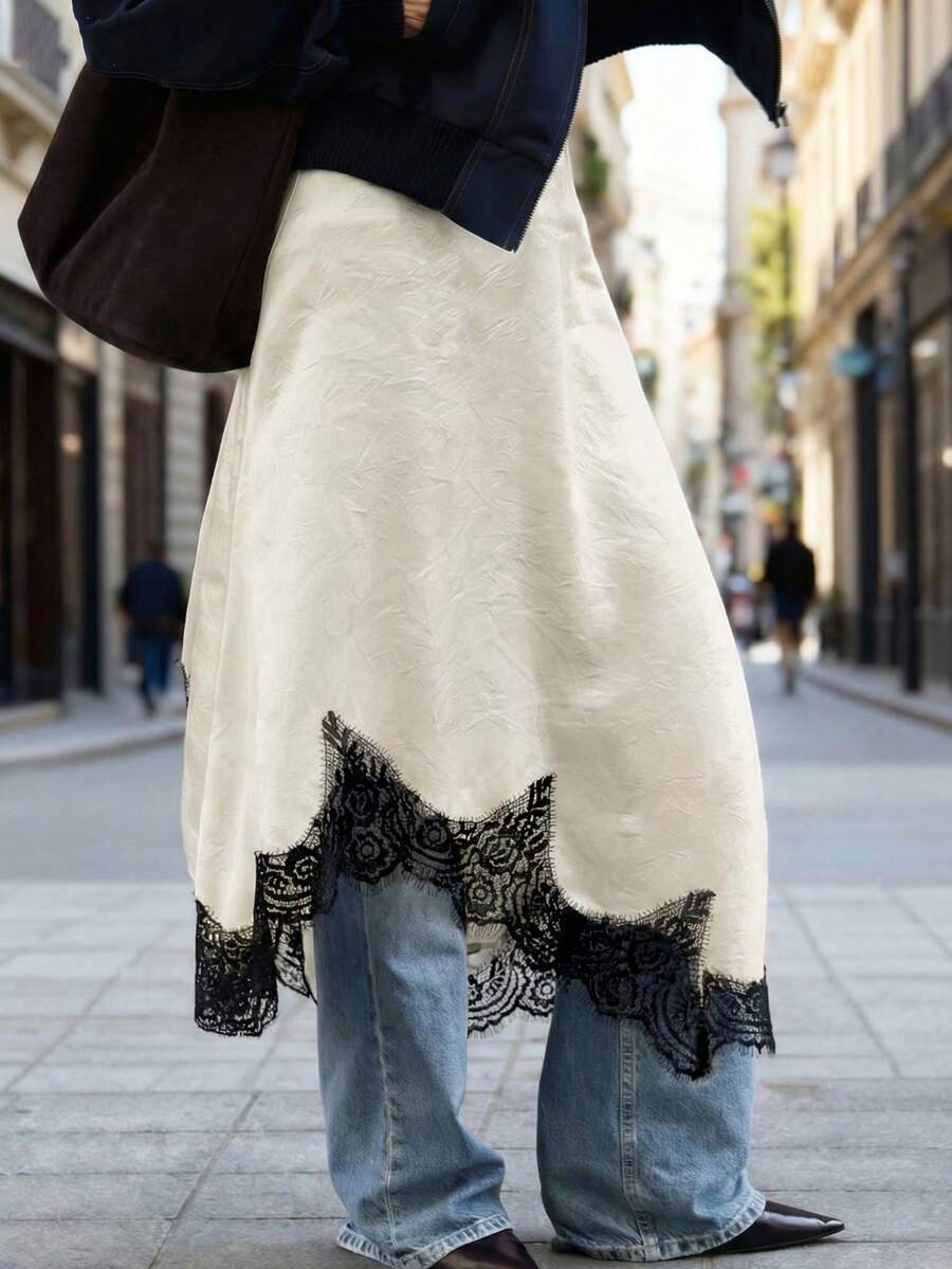 Women's Spring/Summer Elegant Satin Contrast Lace Trim Asymmetrical Skirt, Glossy Finish, Minimalist & Fashionable For Casual And Date Wear - Apricot - View 1