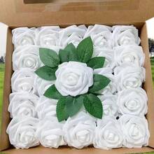 27pcs Set (25 Rose Flowers, 2 Leaves) Artificial Ivory Foam Roses With Stems, Suitable For DIY Wedding Bouquets, Bridal Shower Centerpieces, Party Table Decor, Valentine's Day And Mother's Day (Excluding Gift Box) - Multicolor - View 7