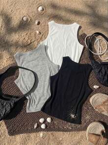 3pcs/Set Summer New Minimalist Casual Round Neck Sleeveless Fitted Versatile Tank Top Set For Women - Multicolor - View 6