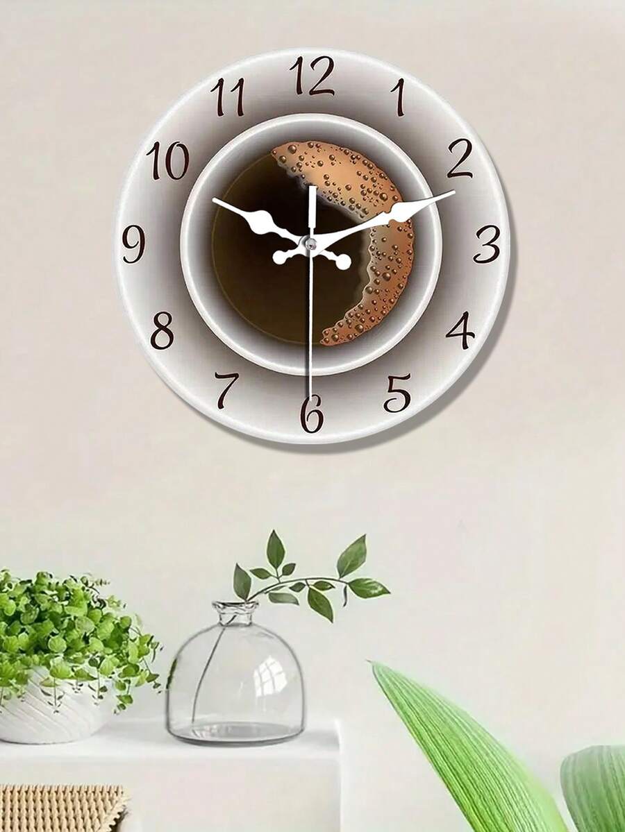 1pc Whimsical Coffee Cup Silent Wooden Wall Clock - Decorative Kitchen Wall Art, Cafe-Inspired Hanging Watch For Bedroom, Living Room, School, Birthday Party Decoration - Unique Gift Idea For Coffee Lovers - Multicolor - View 1
