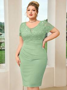 Plus Size Deep V-Neck Sequin Floral Lace Ruffle Hem Bodycon Dress Summer Elegant - Mint Green - View 6