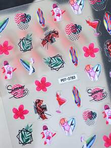 1pc Colorful Surfboard, Floral, Nail Sticker With Geometric Patterns And Leaf Design, 3D Nail Art Sticker, Suitable For Gatherings With Friends, Vivid Pattern, Easy To Apply And Durable - Multicolor - View 3