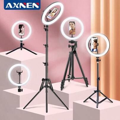 AXNEN 10英寸可拆卸自拍环形灯，3种色温，10级亮度，LED环形灯，适用于直播、摄影、化妆、自拍，兼容智能手机，包含柔性三脚架和手机支架