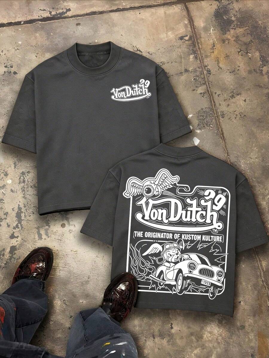 Von O Dutch's Classic Little Dog Tops With Flying Wings Driving A Sports Car - Oversized Old Printed Washed T-Shirt. Men's 100% Cotton, Loose Fitting, Y2K Street Retro Casual Urban Aesthetics, 100% Cotton Pullover. Gifts Men Clothes Men Shirts Graphic Teens Men Vintage T Shirts Graphic Tees Tanktop - Màu xám đen - Xem 1