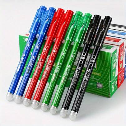 Bộ 4 bút bi có thể xóa được, cỡ 0.7mm, sử dụng mực có thể giặt sạch, màu đen, xanh dương, đỏ và xanh lá cây. Những chiếc bút này có đầu bút nhọn viết trơn tru, có thể xóa bằng nhiệt, rất thích hợp làm dụng cụ học tập và văn phòng phẩm.