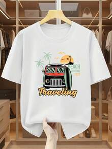 Camisetas de verano para hombre de tallas grandes, 100% algodón, estilo vintage de los años 70, estampado de tabla de surf y furgoneta - Manga corta, cuello redondo, ropa informal de playa de verano con gráficos retro de tabla de surf y furgoneta, camisetas lavables a máquina para tallas pequeñas y grandes, camiseta de algodón. - Blanco - Ver 1