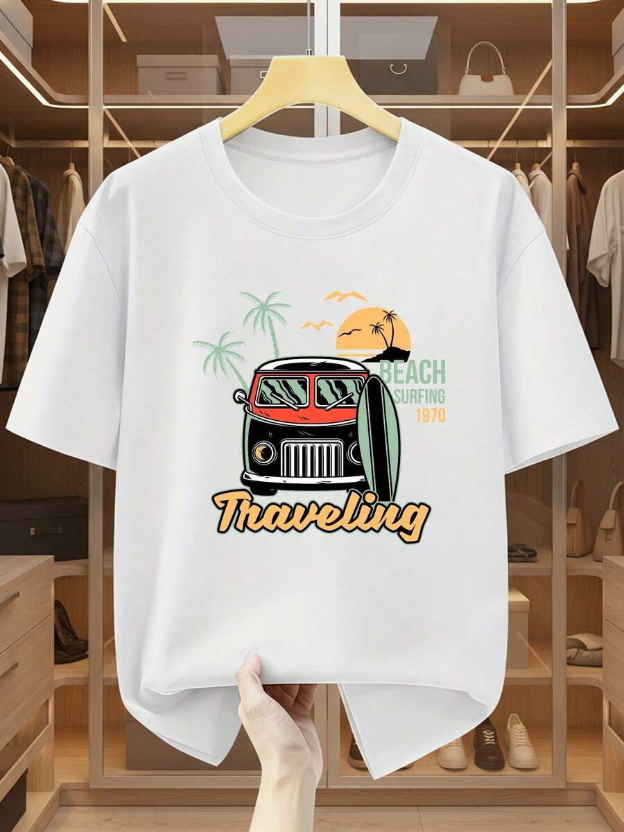 Camisetas de verano para hombre de tallas grandes, 100% algodón, estilo vintage de los años 70, estampado de tabla de surf y furgoneta - Manga corta, cuello redondo, ropa informal de playa de verano con gráficos retro de tabla de surf y furgoneta, camisetas lavables a máquina para tallas pequeñas y grandes, camiseta de algodón. - Blanco - Ver 1