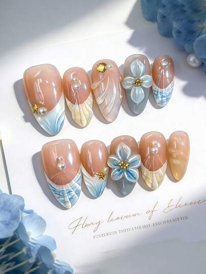 10pcs Blue French Almond Nail Stickers 3D Floral Seashell Nail Art Decals, Suitable For Girls Summer Vacation, Daily Wear, Outings, Festivals, Parties, Birthdays, Removable And Reusable