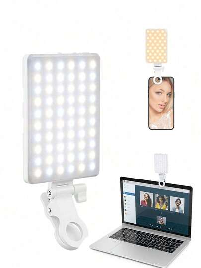 Borriig Đèn kẹp LED công suất cao 60 bóng, có thể sạc lại, thiết kế kẹp trước và sau, 3 chế độ chiếu sáng có thể điều chỉnh, phù hợp với điện thoại thông minh, Android, iPad, máy tính xách tay, dùng để trang điểm, chụp ảnh tự sướng, quay vlog, thích hợp cho chụp ảnh tự sướng và phát trực tiếp, đèn selfie di động