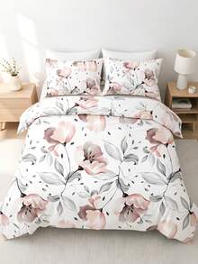 3Pcs Gentle Watercolor Pink Flower Duvet Cover Pillow Cover Pattern Is Random Duvet Cover Set (1 Duvet Cover + 1/2 Pillowcase Without Pillow Insert), Bedding Set, Soft Warm And Cozy Bedding Set For Bedroom, Guest Room, Dormitory Decoration Set Rose Plant Print Soft Skin-Friendly Luxury Bedding - Multicolor - View 3