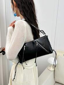 2026 Spring New Women's Large Capacity Metal Buckle Woven Handbag, Ladies Casual Shoulder Bag, Travel Bag - Black - View 5