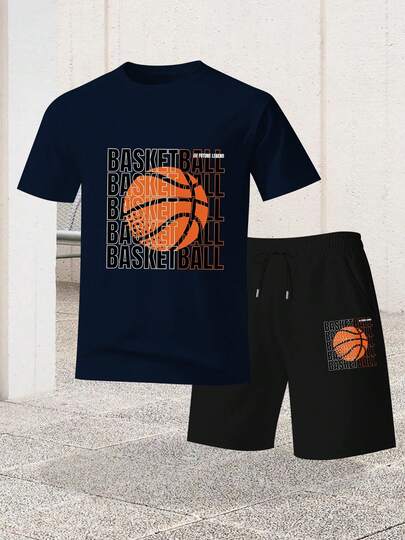 Vintage Washed BASKETBALL" Lettering Superimposed With Basketball Elements, A  Basketball-Themed Printed Summer Casual Short-Sleeve And Shorts Set| Quick-Drying Fabric|  Loose-Fit Sportswear Set Brunch Outfits For Women Trajes De Mujer Casual Shorts For Men Ensemble Pour Homme