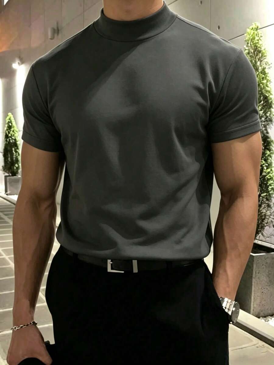 Men's Casual Versatile Daily Commute Solid Color Turtleneck Short Sleeve T-Shirt, Spring/Summer - Dark Grey - View 1