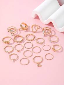 20件套奢华麦穗耳水晶珍珠蝴蝶吊坠戒指套装，优雅设计，女士适用 - 金黃色 - 查看 5