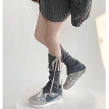 Ballet-Style Sweet Girly Niche Lace-Up Bow-Knot Stacked Knit Solid Color Leg Warmers, Korean Versatile Split Leg Warmers - 乳白 - 查看 3