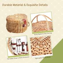 Juego de cestas de picnic en forma de corazón para 2 personas cesta de mimbre con sauce romántico con vajilla para camping interior y exterior regalo de pareja para el día de San - marrn claro - Ver 4
