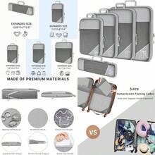 Juego de 5 Bolsas Organizadoras Compresión Impermeables - Organizador Maleta con Cremalleras Reforzadas Ahorra 50% Espacio Multiusos para Ropa Mochila Equipaje de Mano - Gris - Ver 1