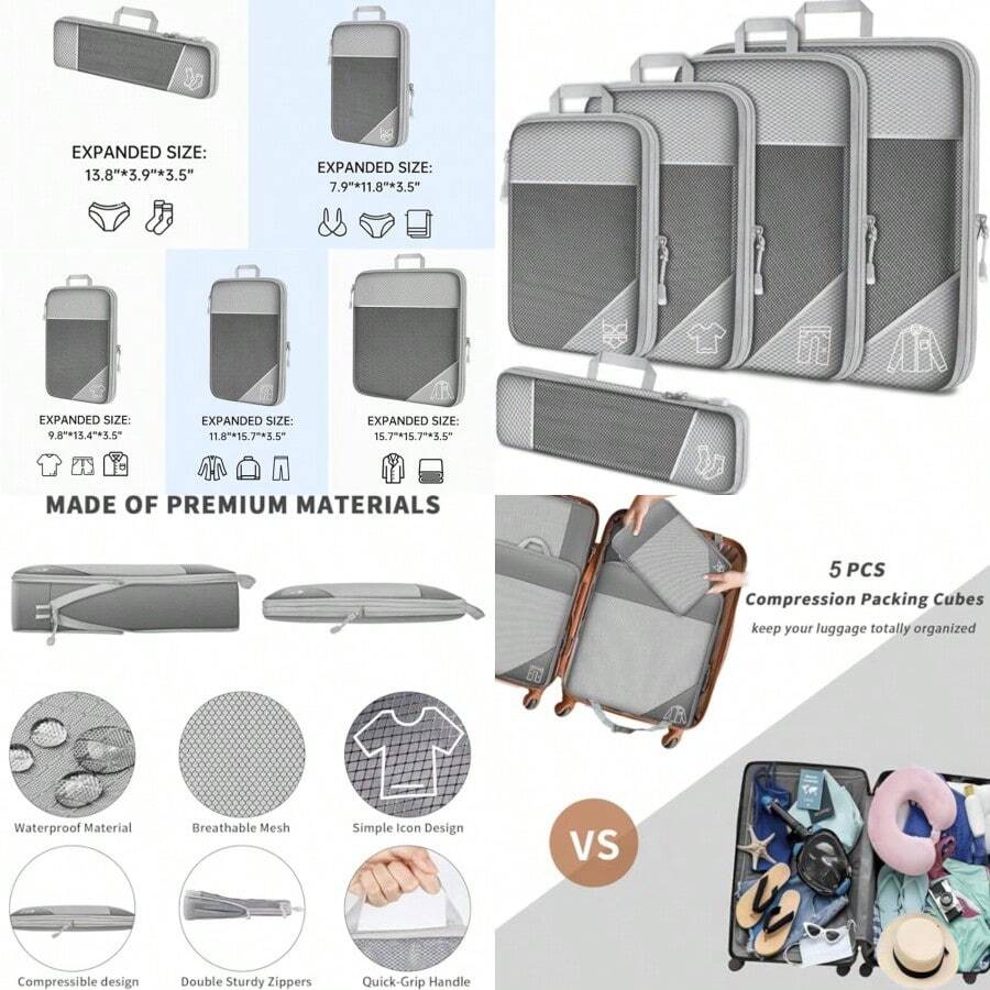 Juego de 5 Bolsas Organizadoras Compresión Impermeables - Organizador Maleta con Cremalleras Reforzadas Ahorra 50% Espacio Multiusos para Ropa Mochila Equipaje de Mano - Gris - Ver 1