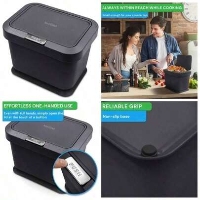 Compost Bin 5L - Kitchen Food Waste Caddy - Lid Opens With Push Button - Countertop Small Counter Trash Can - Odour Proof Container - Indoor Recycling Composter With Non Slip Base Charcoal