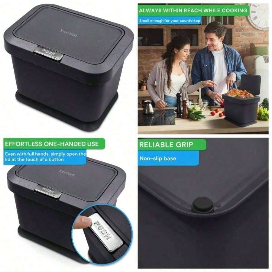 Compost Bin 5L - Kitchen Food Waste Caddy - Lid Opens With Push Button - Countertop Small Counter Trash Can - Odour Proof Container - Indoor Recycling Composter With Non Slip Base Charcoal - 木炭 - 查看 1