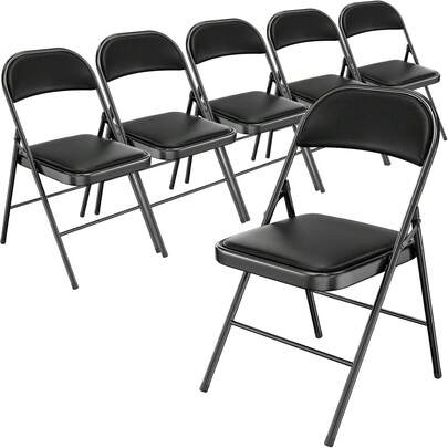 Folding Chair With Comfortable Padded Cushion And Back, Portable Folding Chairs For Outside, Office Events, Weddings, Pu Leather, 6 Black