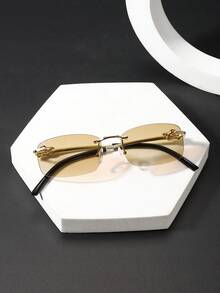 1 PC Men's Retro Rimless Square Fashion Glasses Lightweight And Durable Gold Metal Frame Soft Tinted Lenses Suitable For Driving Travel Summer With Glasses Box - Multicolor - View 4