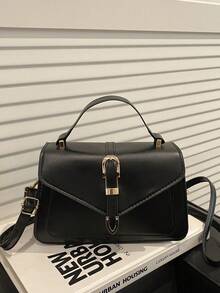 Bolso de mano pequeño de unicolor y de moda con solapa y correa ajustable - Negro - Ver 5