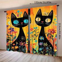 Bộ 2 rèm cửa phong cách Bohemian in hình mèo đen, kiểu dáng hiện đại, chất liệu polyester dệt kim, phù hợp cho phòng ngủ, nhà bếp, văn phòng, phòng khách - Có thể giặt máy, trang trí phòng đa năng, rèm cửa phòng khách. - 2 chiếc với nhiều màu sắc khác nhau - Xem 15