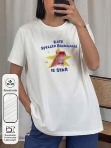 Áo thun nữ size lớn phong cách thường ngày "Mouse Is A Star" in hình đồ họa hài hước, cổ tròn, tay ngắn, họa tiết động vật thú vị, áo phông trắng độc đáo, áo thun in hình chuột - trắng - Xem 9