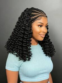 16英寸深波浪蕾丝前假发，女士款 - 自然卷曲合成发际线，预先拔毛的13x6蕾丝，耐热纤维，适合日常佩戴 | 深波浪 | 蕾丝前假发，合成蕾丝前假发 - 黑色 - 查看 13