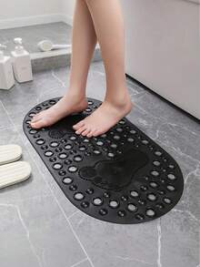 1PC [Popular Choice] Non-Slip Oval PVC Shower Mat With Drain Holes And Suction Cups, Solid Color Bath Rug For Shower Room, Hotel, Toilet, Bathtub - Essential Bathroom Accessories - Black - View 3