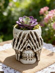 1PC Skull Resin Succulent Planter Set - Gothic "See No Evil, Hear No Evil, Speak No Evil" Design, Ideal For Succulents, Cacti & Small Plants. Perfect For Halloween Decor, Garden Shelves, Gothic Home Accents & Spooky-Themed Spaces.Planters,Flower Pot,Plant Pots ,Spring Decor,Home Decor,Vase - A - View 4