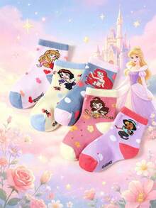 Disney 5双迪士尼公主/迪士尼袜子，春夏儿童/女孩粉色袜子，可爱卡通公主图案装饰，时尚精致柔软校园袜，可爱休闲透气百搭短袜，适合派对、生日、舞台表演、校园活动 - 彩色 - 查看 1