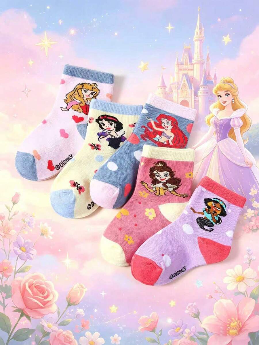 Disney 5双迪士尼公主/迪士尼袜子，春夏儿童/女孩粉色袜子，可爱卡通公主图案装饰，时尚精致柔软校园袜，可爱休闲透气百搭短袜，适合派对、生日、舞台表演、校园活动 - 彩色 - 查看 1